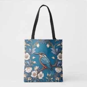 Elegant Turquoise Kingfisher Bird Floral Tote Bag