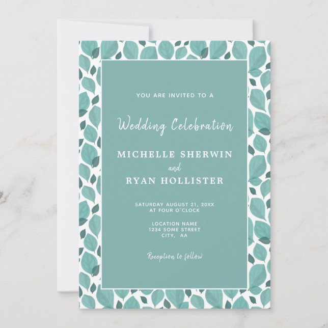 Elegant Turquoise Leaf Pattern Botanical Wedding I Invitation (Front)