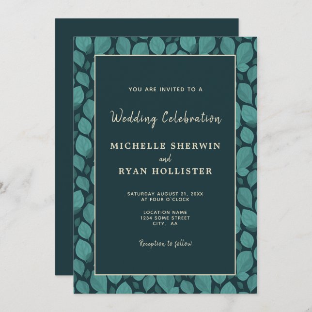 Elegant Turquoise Leaf Pattern Botanical Wedding I Invitation (Front/Back)