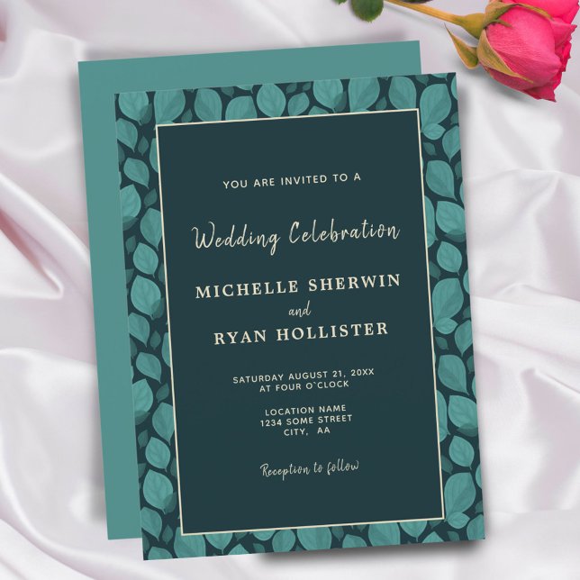 Elegant Turquoise Leaf Pattern Botanical Wedding Invitation (Creator Uploaded)