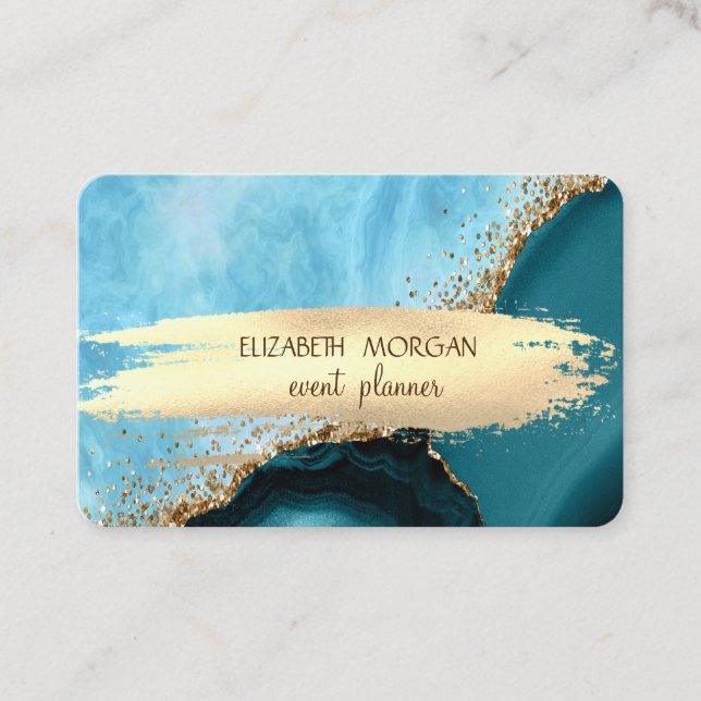 Elegant Turquoise Marble Gold Foil Brush Stroke Business Card (Front)