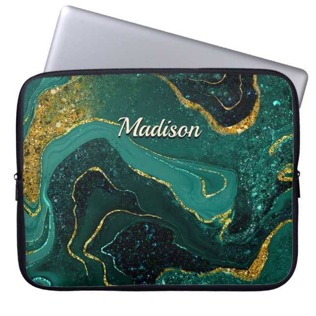 Elegant turquoise marbling faux gold glitter laptop sleeve (Front)