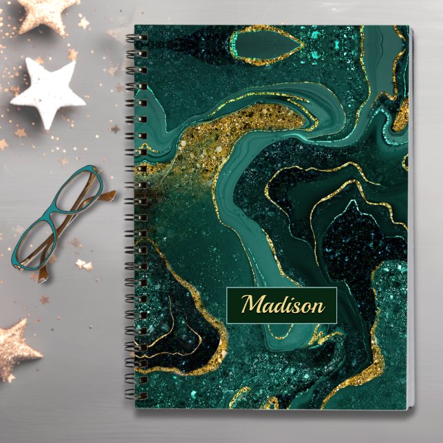 Elegant turquoise marbling faux gold glitter notebook (Creator Uploaded)