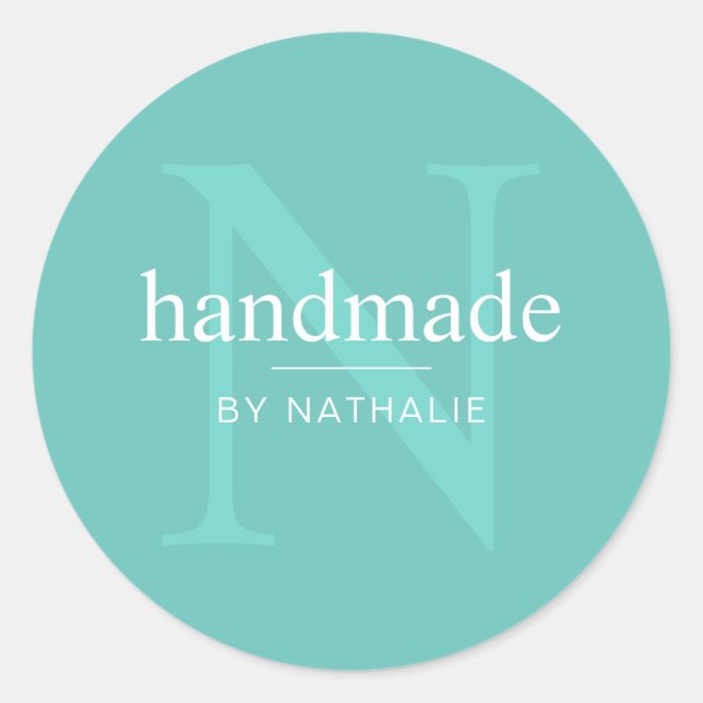 Elegant Turquoise Monogram Handmade Custom Crafter Classic Round Sticker (Front)