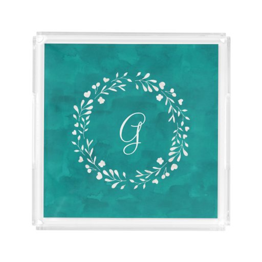 Image of Elegant Turquoise | Monogram with Wreath Acrylic Tray