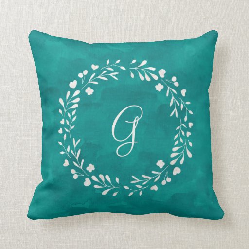 Image of Elegant Turquoise | Monogram with Wreath Cushion