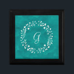 Elegant Turquoise | Monogram with Wreath Gift Box<br><div class="desc">This stylish keepsake box features a rich,  watercolor look turquoise background with a pearl white botanical wreath,  and your initial in the centre.</div>