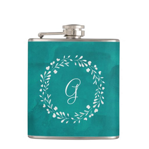 Image of Elegant Turquoise | Monogram with Wreath Hip Flask