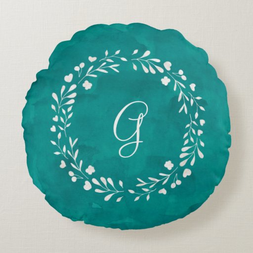 Image of Elegant Turquoise | Monogram with Wreath Round Cushion
