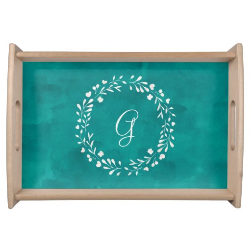 Image of Elegant Turquoise | Monogram with Wreath Serving Tray