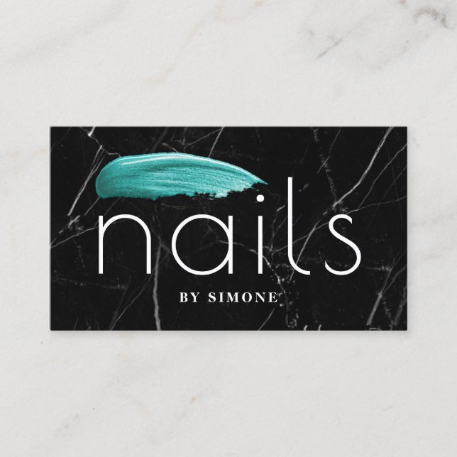 Elegant turquoise nail polish stroke black marble business card (Front)