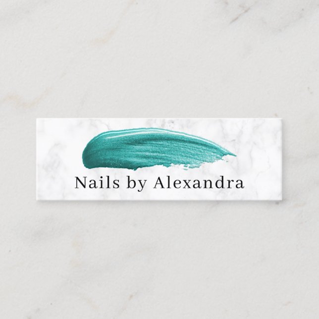 Elegant turquoise nail polish stroke white marble mini business card (Front)