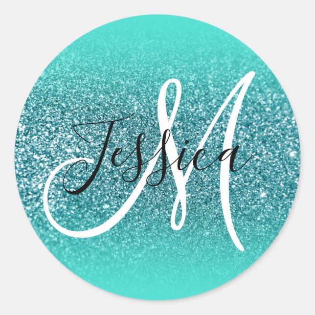 Elegant Turquoise Ombre Faux Teal Glitter Monogram Classic Round Sticker (Front)