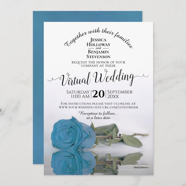 Elegant Turquoise or Sky Blue Rose Virtual Wedding Invitation (Front/Back)