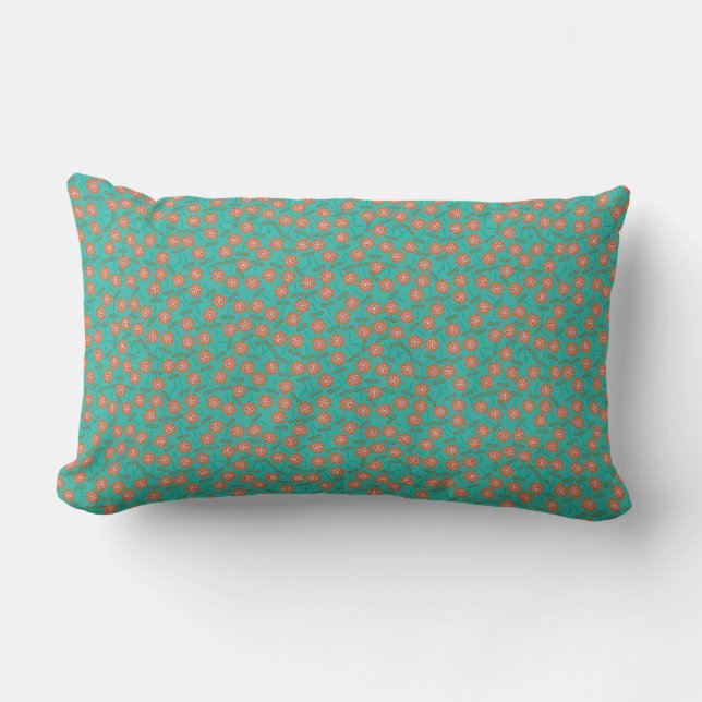 Elegant Turquoise & Orange Floral Decorative Lumbar Cushion (Front)