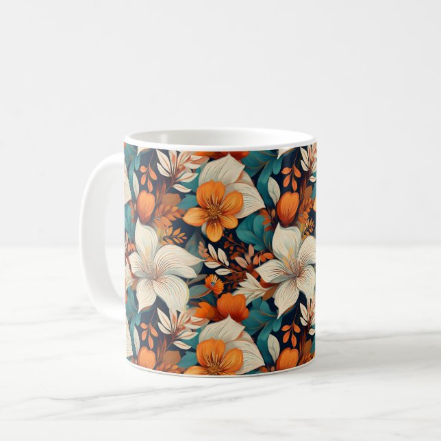 Elegant Turquoise Orange Flower Pattern Floral Coffee Mug (Front Left)