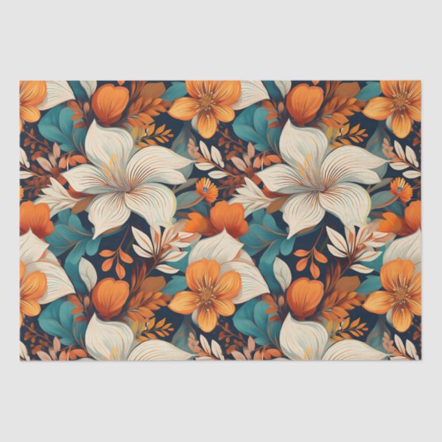 Elegant Turquoise Orange Flower Pattern Floral Tissue Paper (Front)