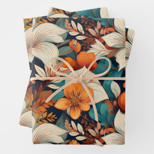 Elegant Turquoise Orange Flower Pattern Floral Wrapping Paper Sheet