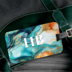 Elegant turquoise orange marble art faux glitter luggage tag