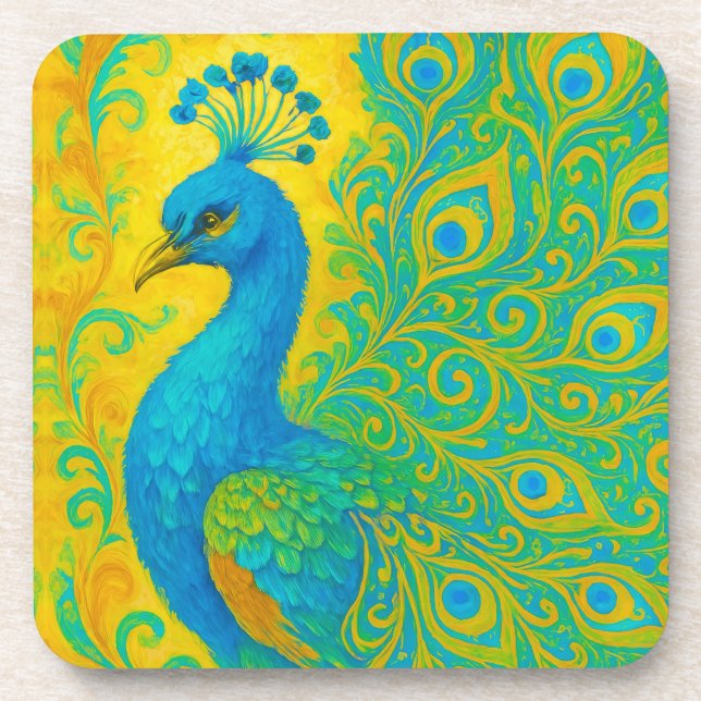 Elegant Turquoise Peacock Bird Decorative Coaster (Front)