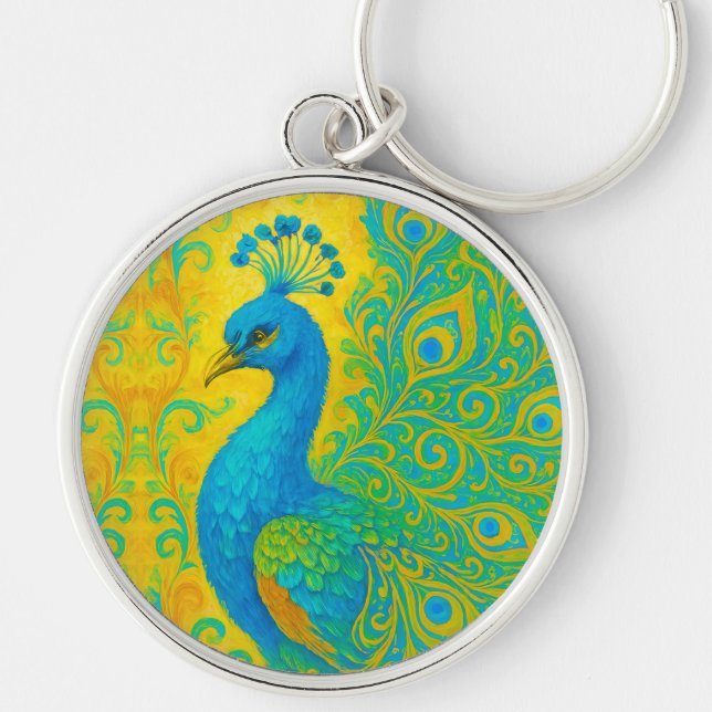 Elegant Turquoise Peacock Bird Decorative Key Ring (Front)