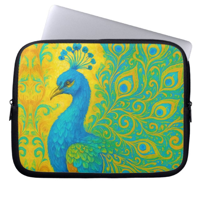 Elegant Turquoise Peacock Bird Decorative Laptop Sleeve (Front)