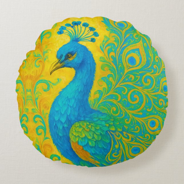 Elegant Turquoise Peacock Decorative Round Cushion (Front)