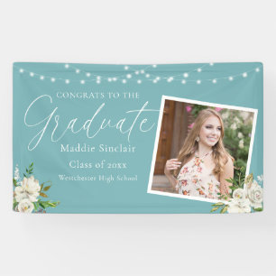 Elegant Turquoise Photo Floral Graduation Banner