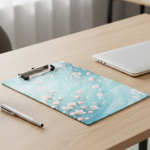 Elegant Turquoise Pink Cherry Blossom Initials Clipboard