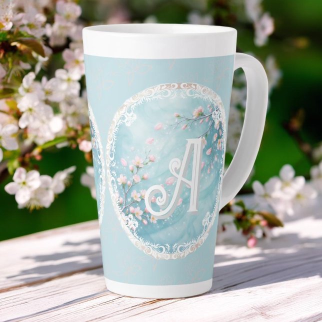 Elegant Turquoise Pink Cherry Blossom Initials  Latte Mug (Creator Uploaded)