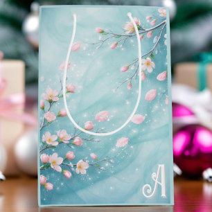 Elegant Turquoise Pink Cherry Blossom Initials  Medium Gift Bag