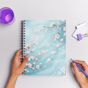 Elegant Turquoise Pink Cherry Blossom Initials Notebook