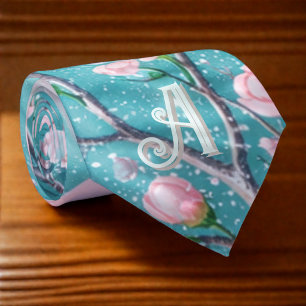 Elegant Turquoise Pink Cherry Blossom Initials  Tie