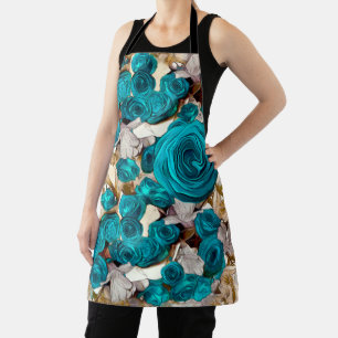 Elegant turquoise roses on beige abstract throw pi apron