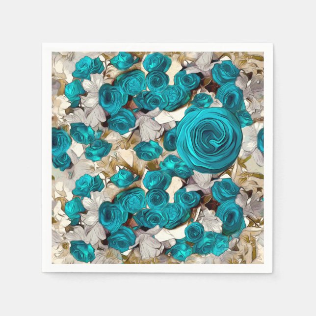 Elegant turquoise roses on beige abstract throw pi napkin (Front)