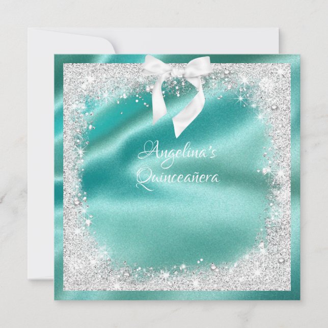 Elegant Turquoise Satin, Silv Glitter, Quinceanera Invitation (Front)