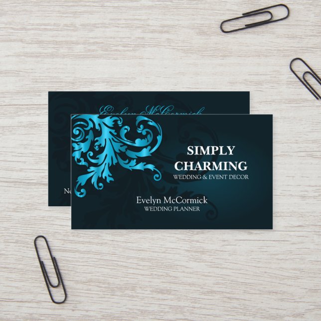 Elegant Turquoise Shimmer Flourish Business Card (Front/Back In Situ)