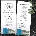 Elegant Turquoise Sky Blue Rose Romantic Wedding Programme<br><div class="desc">This beautiful wedding program features an elegant design with a single long stemmed turquoise, sky blue, or azure coloured rose lying on its side reflecting in water. The titles are written in fancy script calligraphy, and there is space for your ceremony and wedding party details, as well as a short...</div>