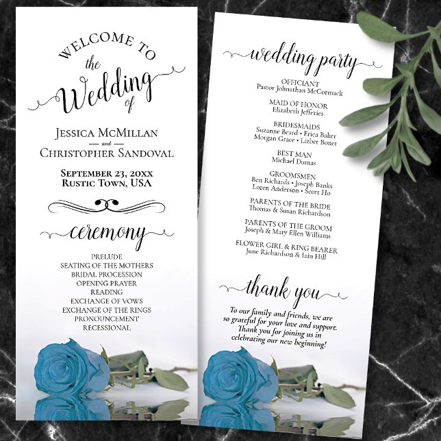 Elegant Turquoise Sky Blue Rose Romantic Wedding Programme (Front and Back)