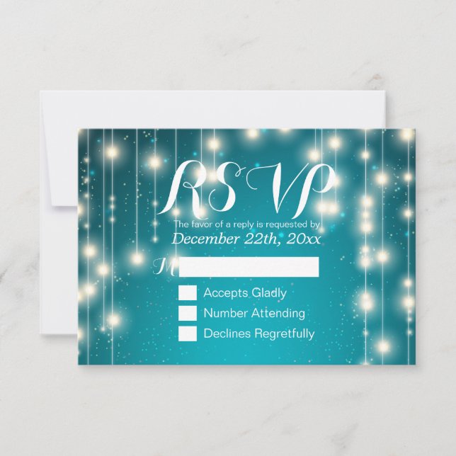 Elegant Turquoise String Lights Wedding RSVP Reply (Front)