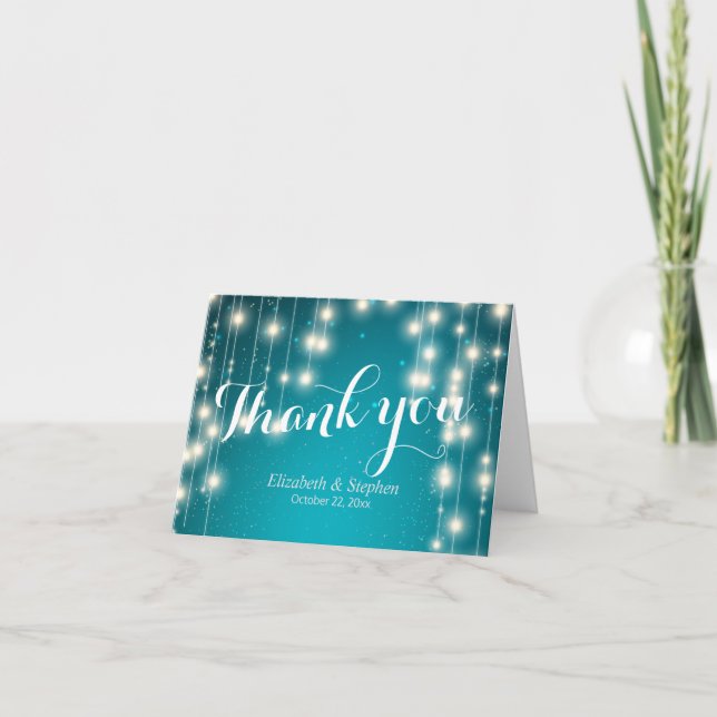 Elegant Turquoise String Lights Wedding Thank You (Front)