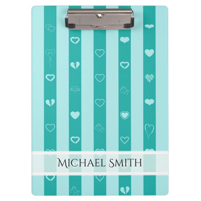 Elegant Turquoise Stripes Modern Heart Pattern Clipboard (Front)