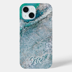  Elegant Turquoise Teal Blue Green Monogram Marble iPhone 15 Case