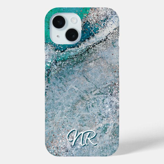  Elegant Turquoise Teal Blue Green Monogram Marble Case-Mate iPhone Case (Back)