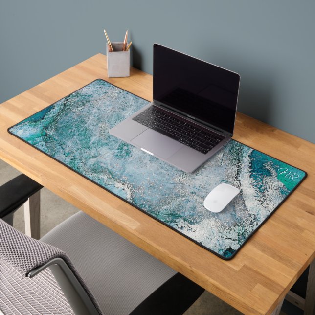  Elegant Turquoise Teal Blue Green Monogram Marble Desk Mat (Office 2)