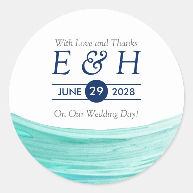 Elegant Turquoise Tides Beach Wedding Favour Classic Round Sticker (Front)