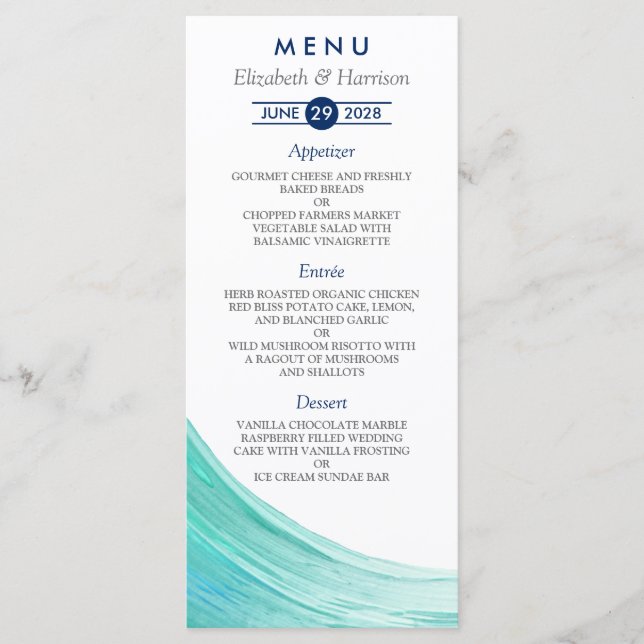 Elegant Turquoise Tides Beach Wedding Menu Cards (Front)