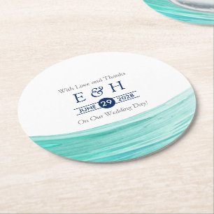 Elegant Turquoise Tides Beach Wedding Round Paper Coaster