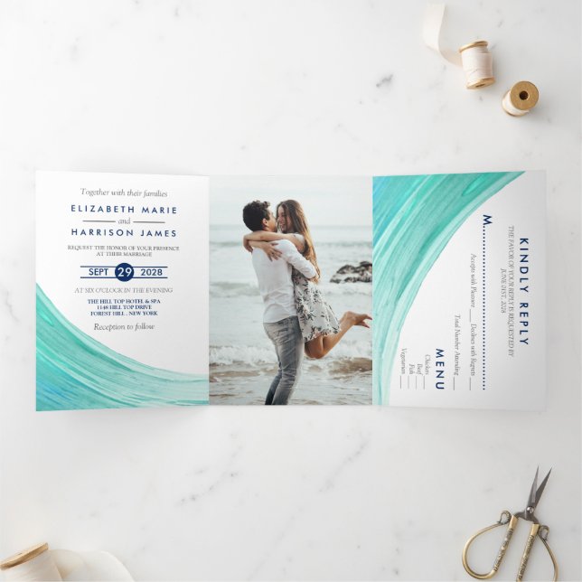 Elegant Turquoise Tides Beach Wedding Suite Tri-Fold Invitation (Inside)