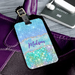 Elegant Turquoise unicorn faux glitter monogram Luggage Tag<br><div class="desc">Cute personalised Luggage Tag. It is designed with elegant girly iridescent glitter drips in unicorn rainbow pink colours on both sides. To make it extra special, it is also monogrammed and personalised with name in pink. click the "customise further" link and use the design tool to modify the design if...</div>